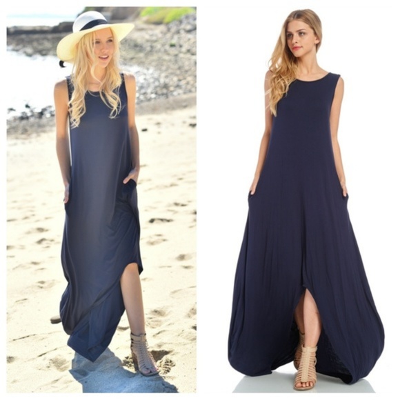 Navy Hi Low Maxi With Criss-Cross Back - Picture 2 of 2